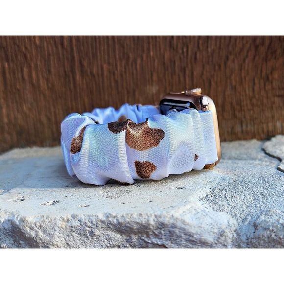 Brown Cow Print Scrunchie Watch Band for Fitbit Sense, Versa 3 2 1, Apple Watch - Picture 2 of 8